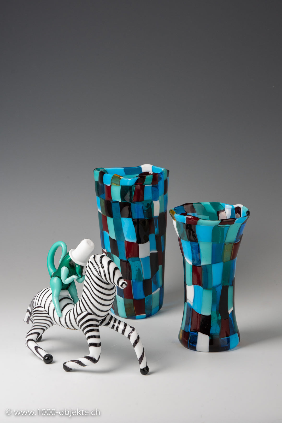 Zebra mit Affen aus undurchsichtigem polychromem Glas, 1948-49, Fulvio Bianconi für Venini