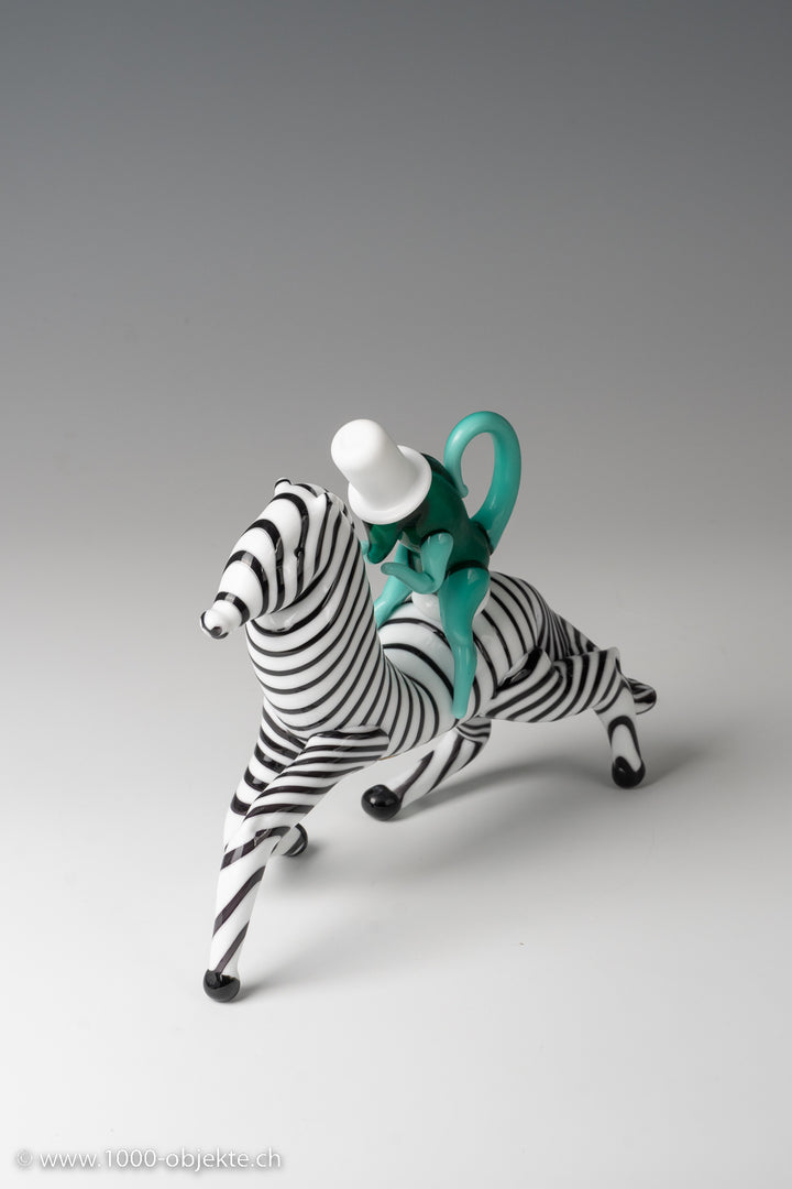 Zebra mit Affen aus undurchsichtigem polychromem Glas, 1948-49, Fulvio Bianconi für Venini