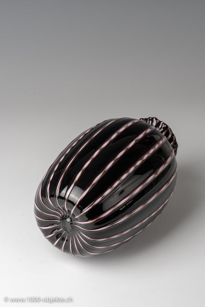 Murano glass vase Fratelli Toso ca. 1965 label, black pink aventurine glass