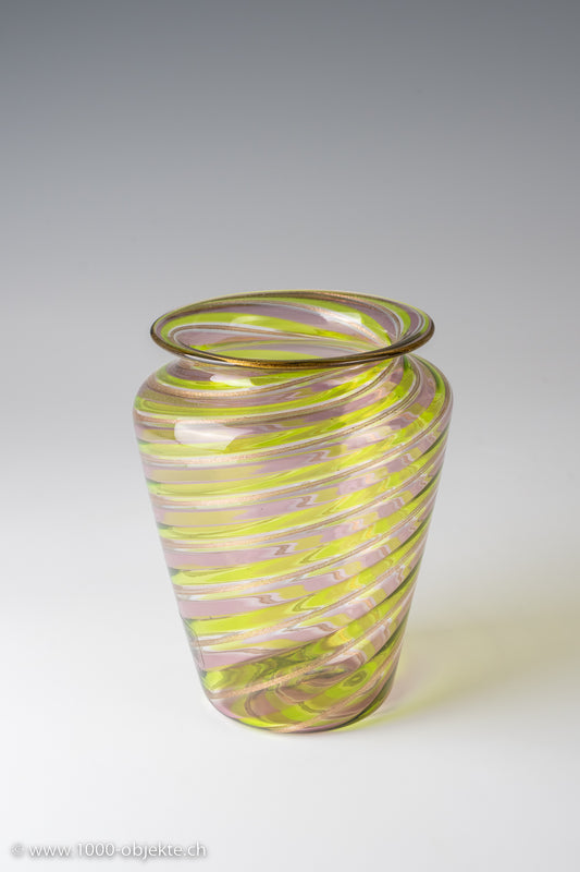 Glass vase Fratelli Toso ca 1978-85 a canne aventurine purple green label