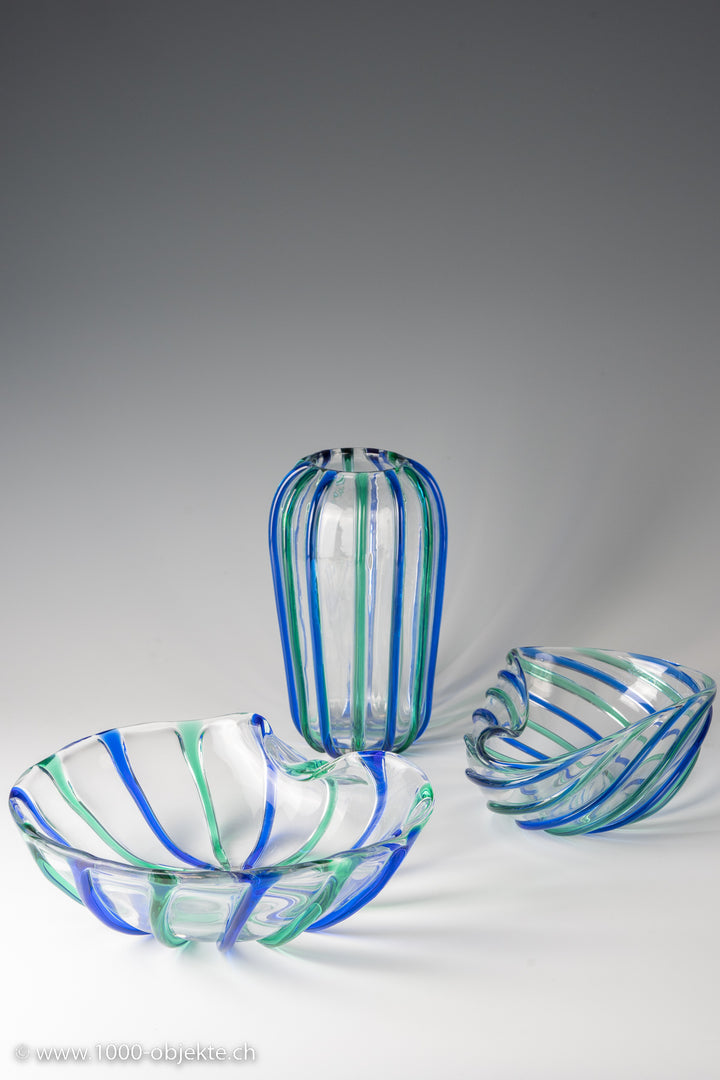 Archimede Seguso, clear glass with alternating blue and green applied stripes. Each signed on bottom.