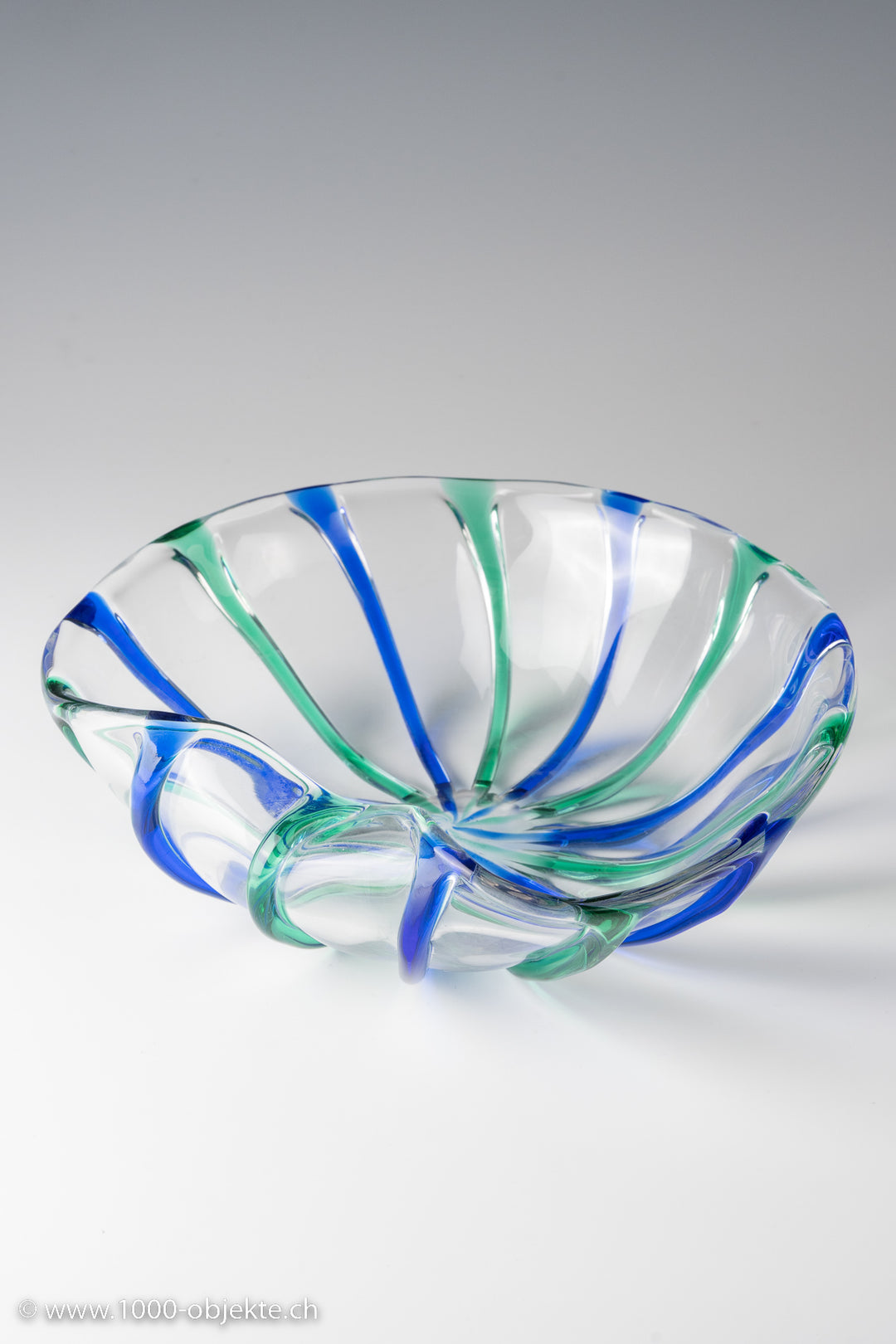 Archimede Seguso, clear glass with alternating blue and green applied stripes. Each signed on bottom.