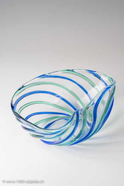 Archimede Seguso, clear glass with alternating blue and green applied stripes. Each signed on bottom.