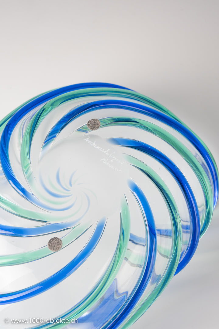 Archimede Seguso, clear glass with alternating blue and green applied stripes. Each signed on bottom.