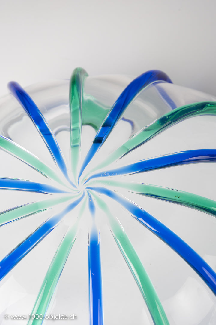 Archimede Seguso, clear glass with alternating blue and green applied stripes. Each signed on bottom.